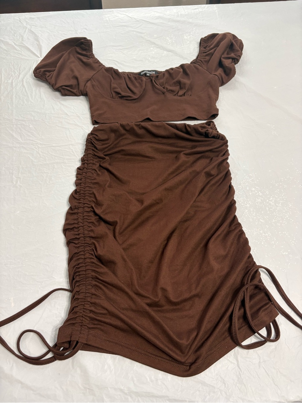 Brown Puff Sleeve Cropped Top Skirt Set
